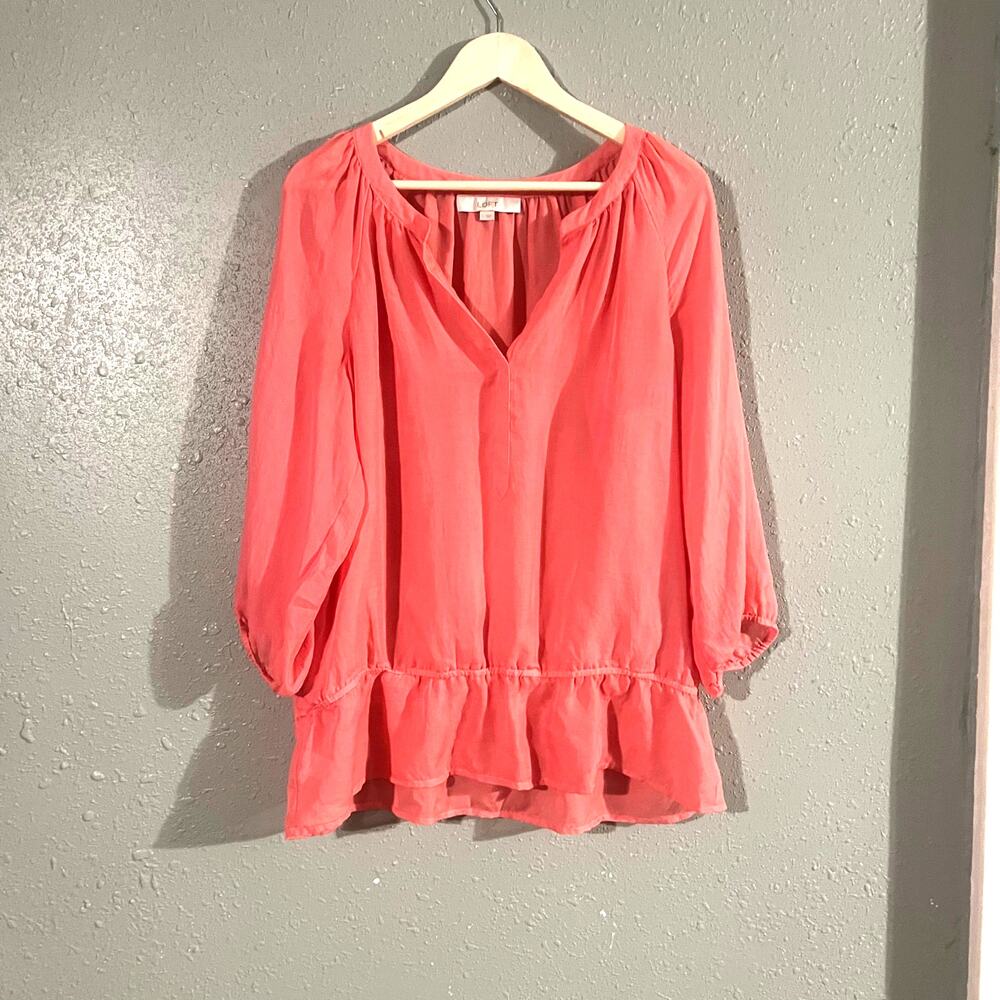 Loft women’s semi sheer L Top BLOUSE workwear 3/4 sleeves ruffle waist v neck